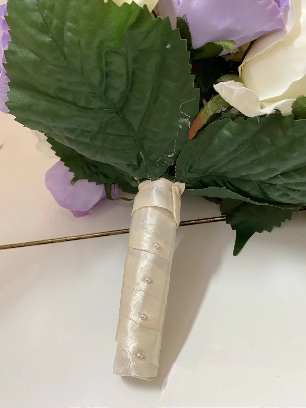 Elegant Cream and Lavender Artificial Rose Cascading Bridal Bouquet